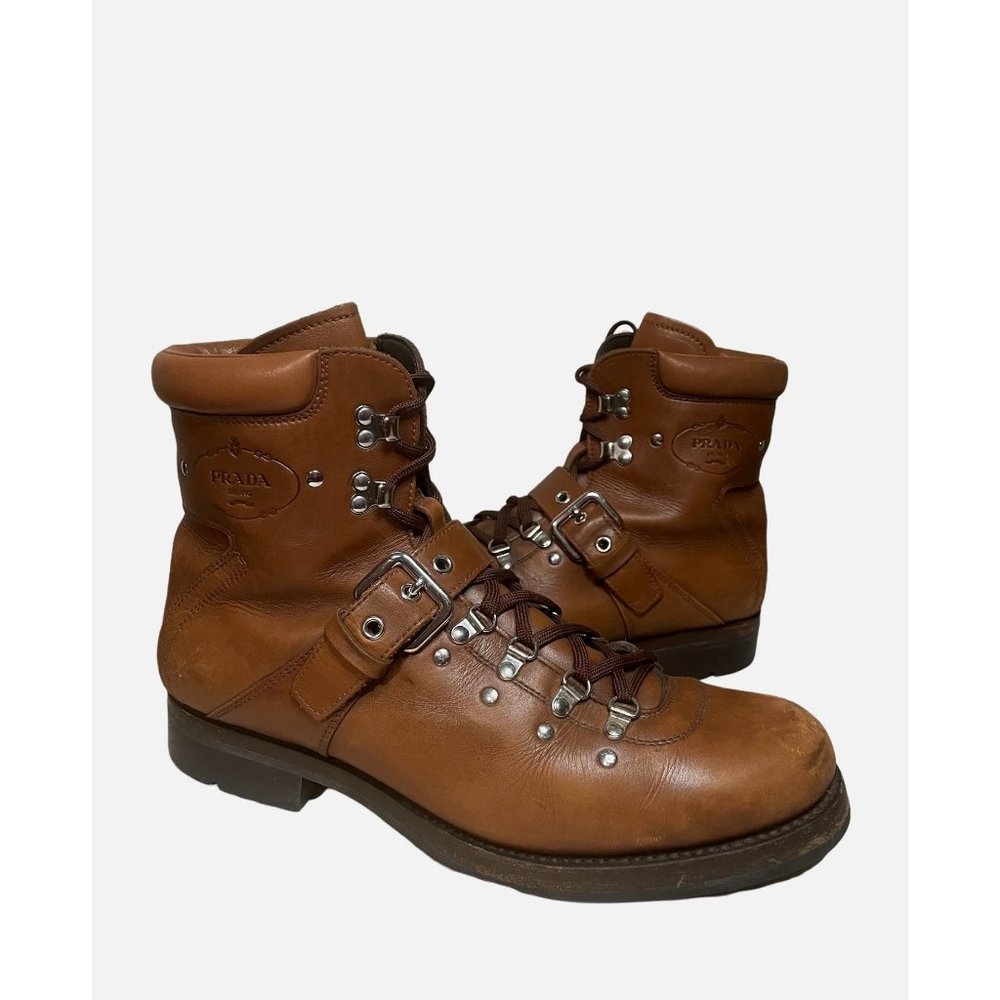 Mens Prada Brown Leather Combat Moto Boots size Prada US 13